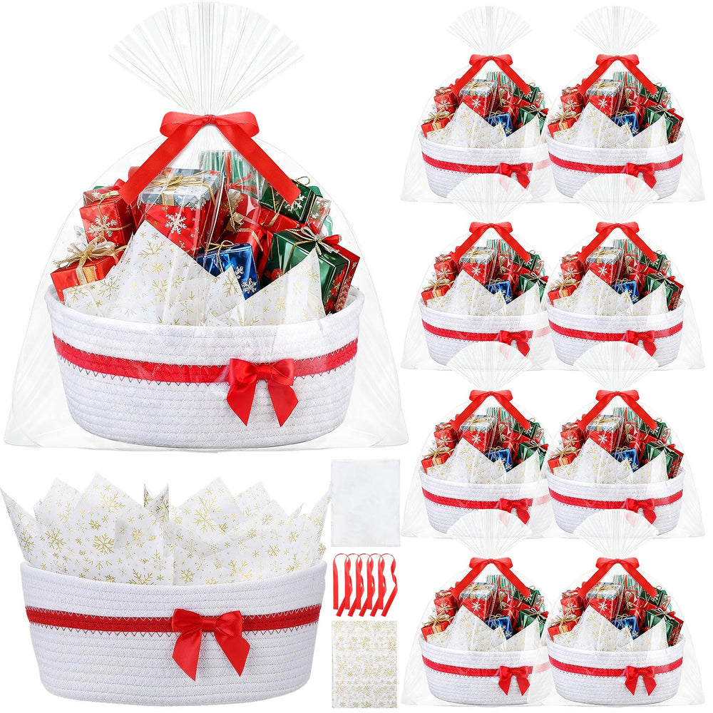 FoldTier Christmas woven basket 8-pack with gift bags and ribbons for easy gifting