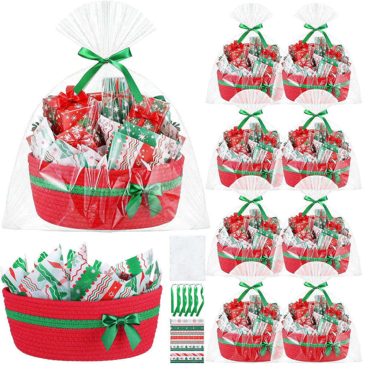 FoldTier Christmas woven basket with gift bags for easy holiday gifting.