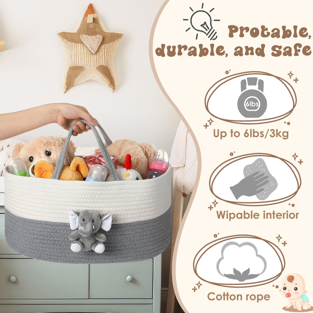 FoldTier Elephant Diaper Caddy cotton rope material in gray and white