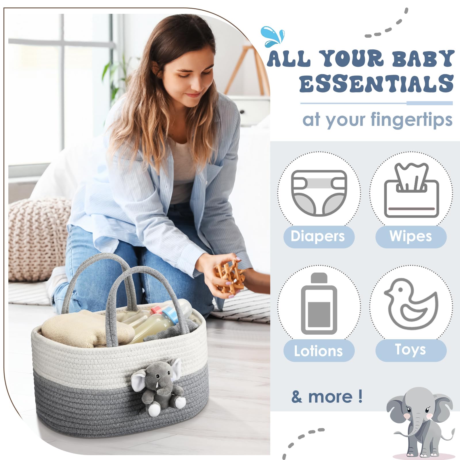 FoldTier Elephant Diaper Caddy organizes diapers and wipes efficiently.