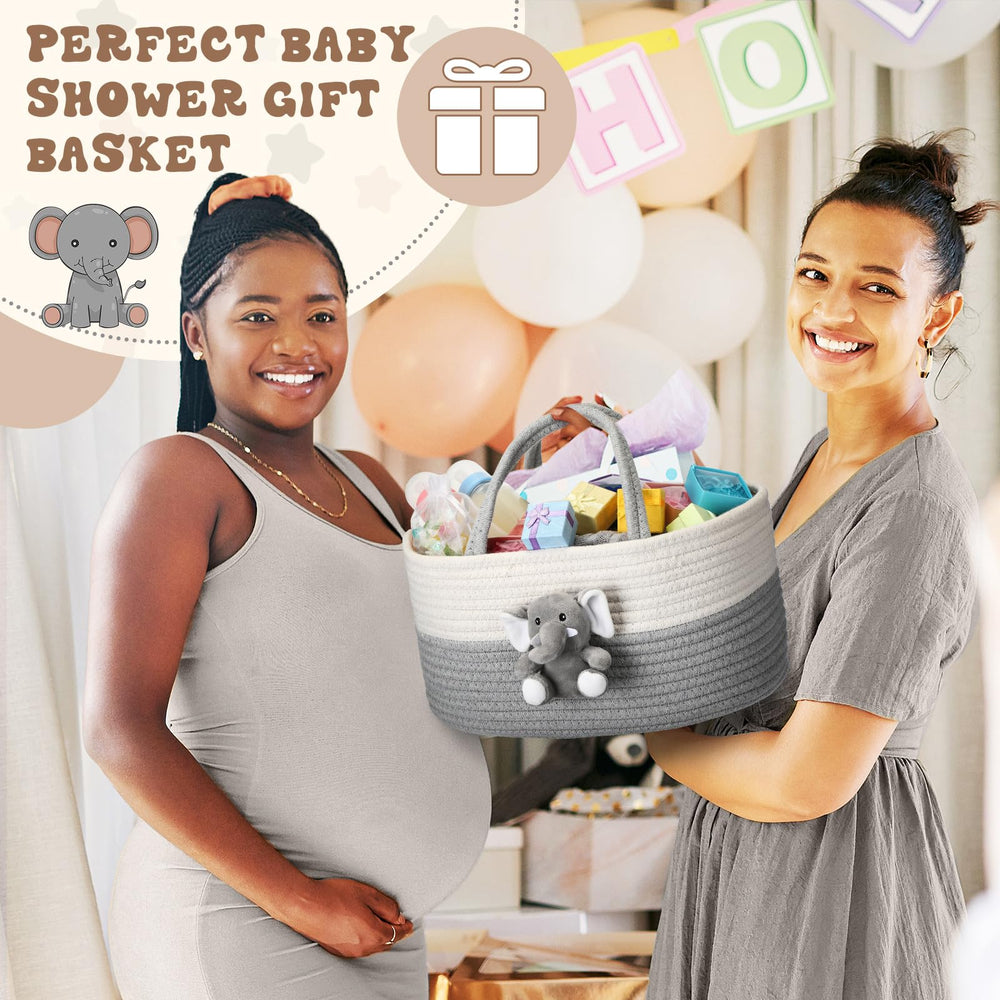 FoldTier Elephant Diaper Caddy features soft gray cotton rope.