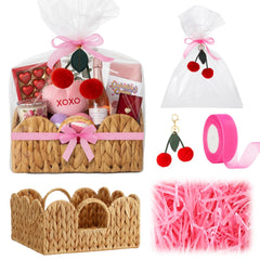 FoldTier small woven basket with pink ribbon, ideal for stylish organization
