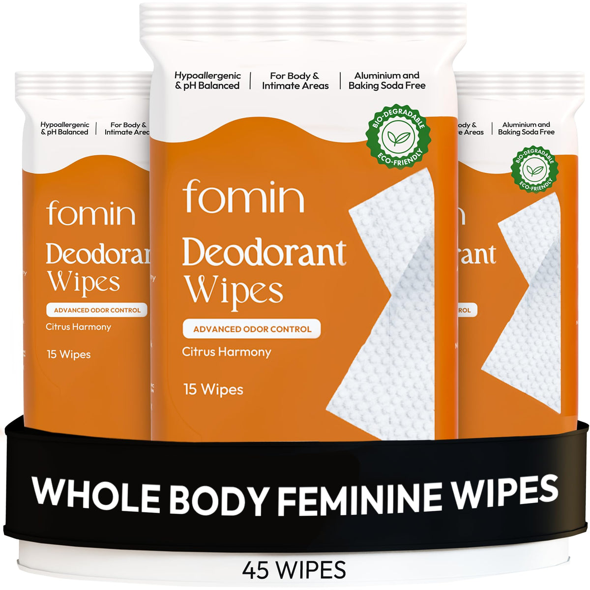 FOMIN Acidified Deodorant Wipes Citrus Harmony packaging, eco-friendly for travel.
