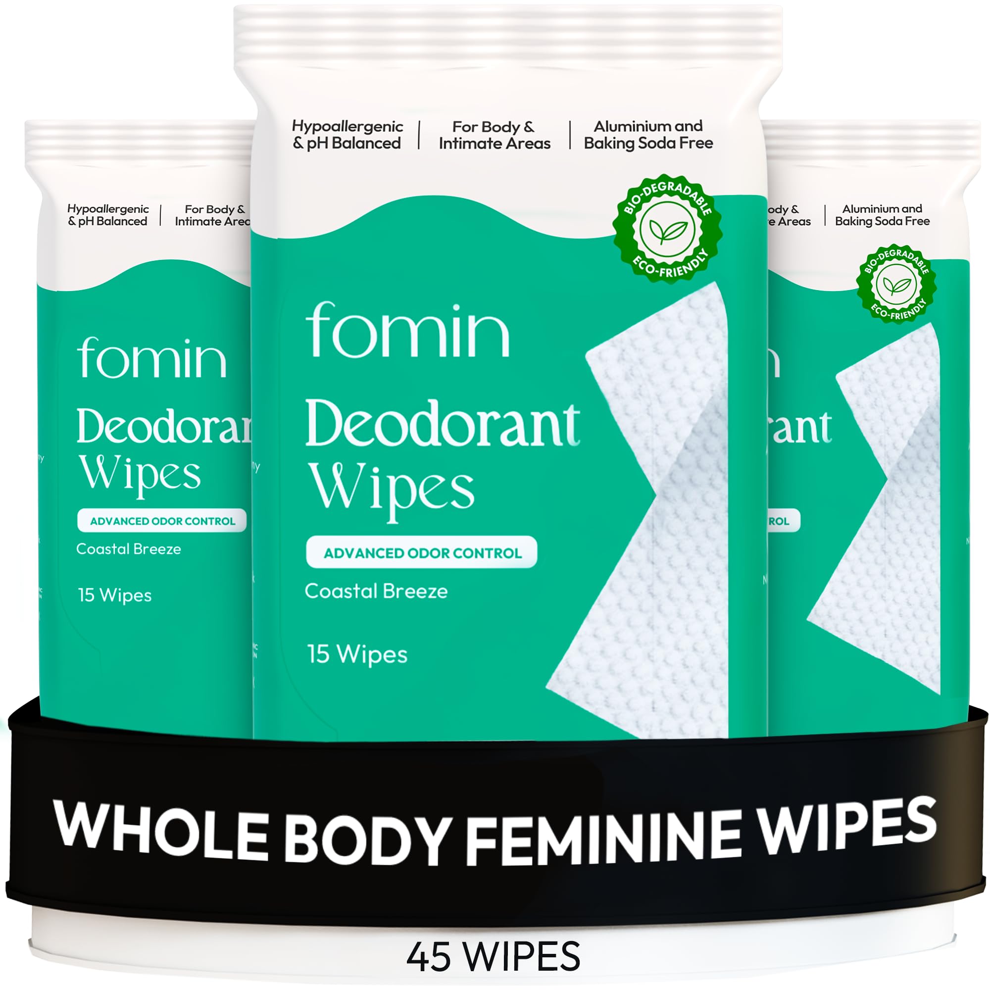 FOMIN Coastal Breeze wipe for women offers refreshing underarm care with plastic-free packaging.