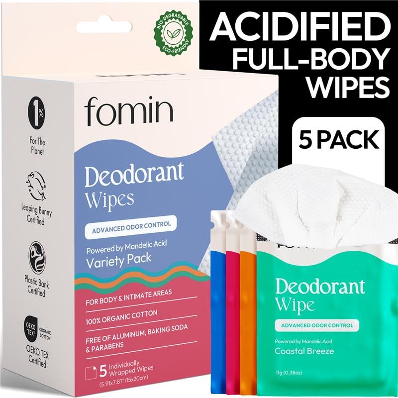 FOMIN Acidified Travel Deodorant Wipes packaging for on-the-go freshness and eco-friendly design