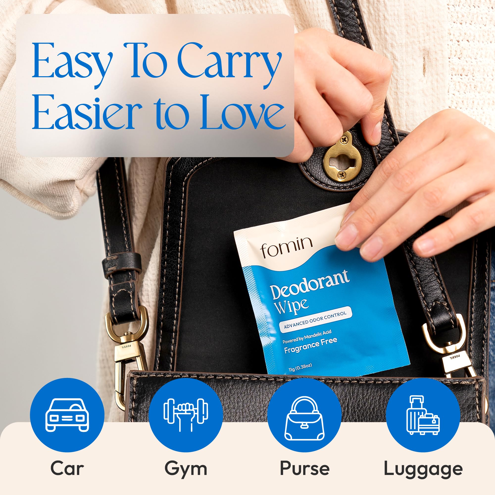 FOMIN mini deodorant wipes are purse-friendly and individually wrapped.