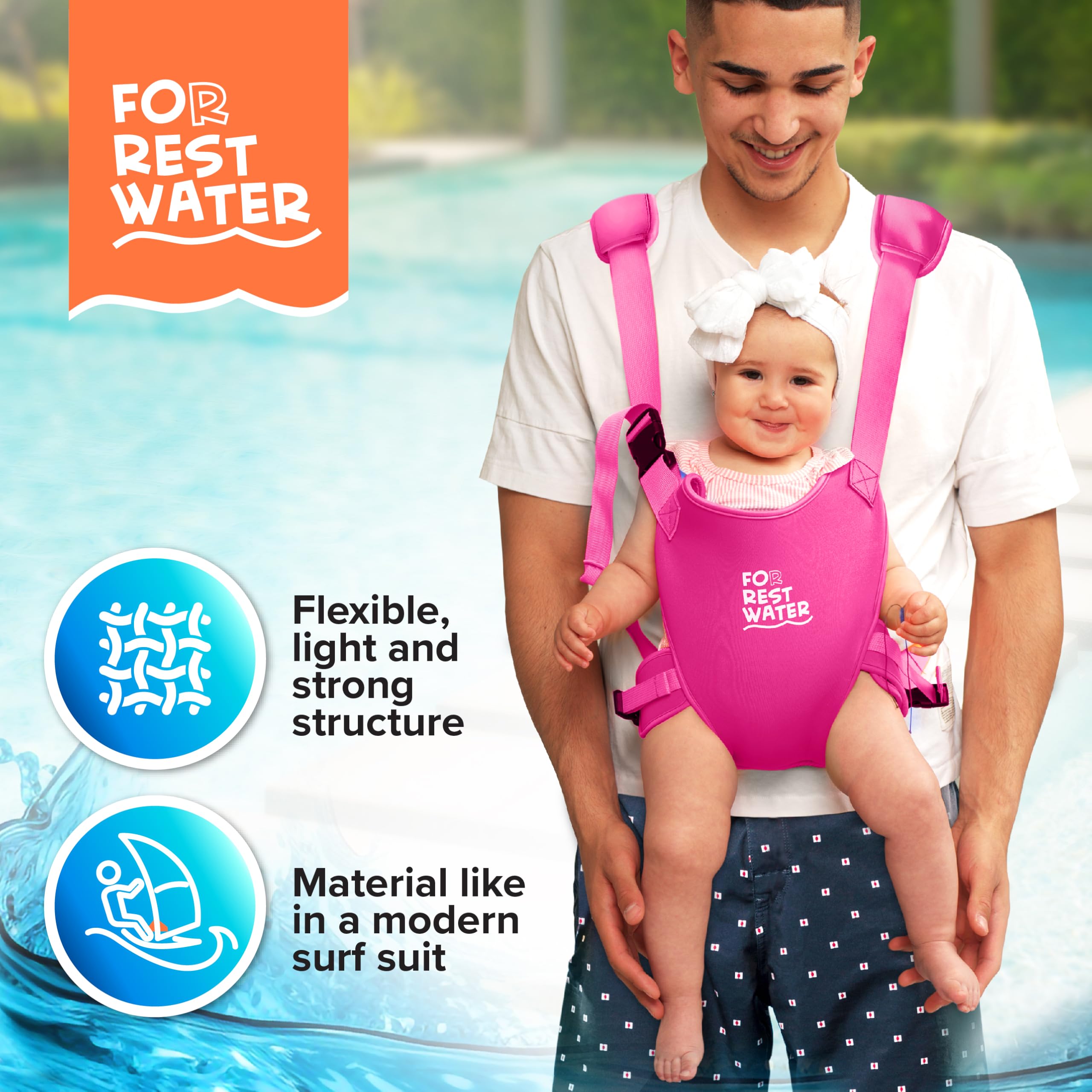 FOR REST WATER adjustable buckles image shows secure fit for growing children
