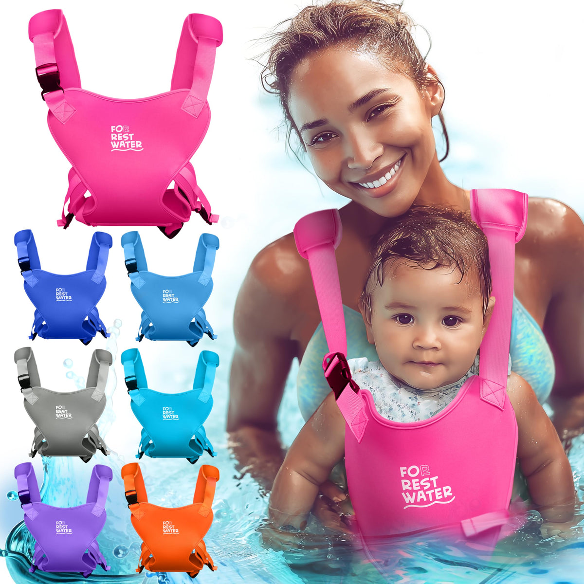 FOR REST WATER baby carrier pink front view with ergonomic fit for safe, comfortable water play