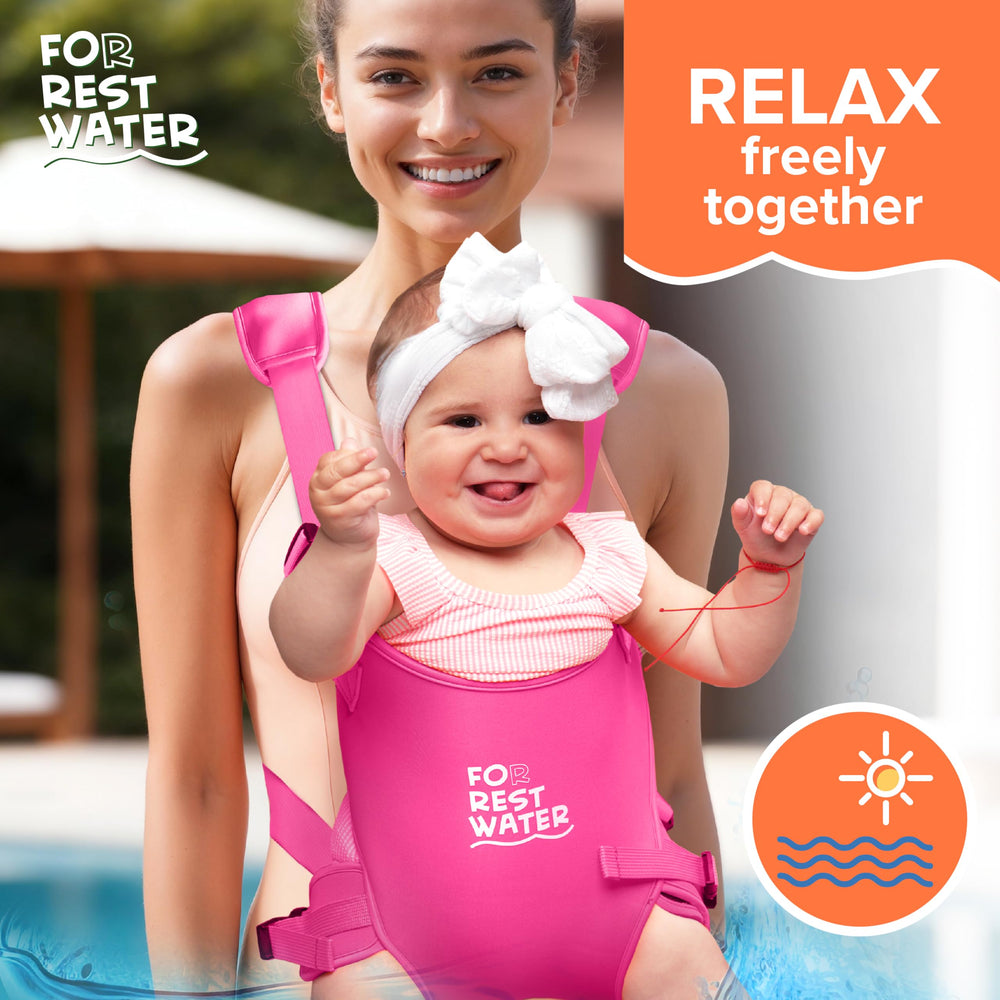 FOR REST WATER carrier in water-use pool scene emphasizes quick immersion safety