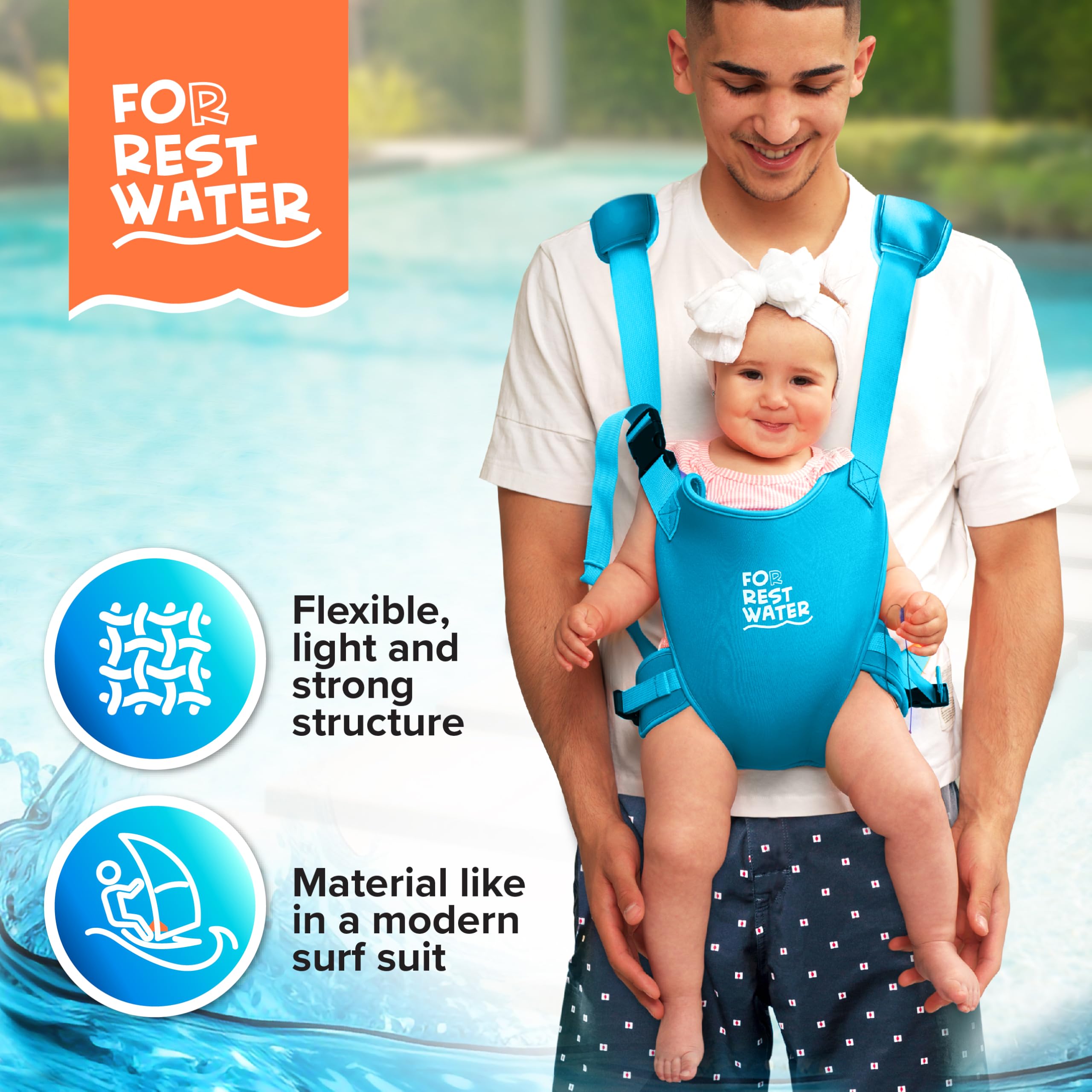 FOR REST WATER carrier shown in pool setting with toddler for water-side use