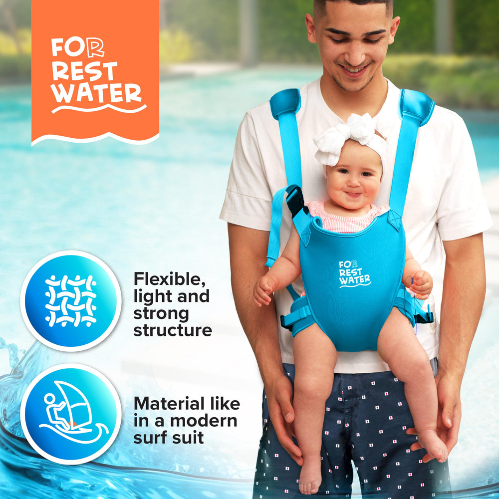 FOR REST WATER carrier shown in pool setting with toddler for water-side use