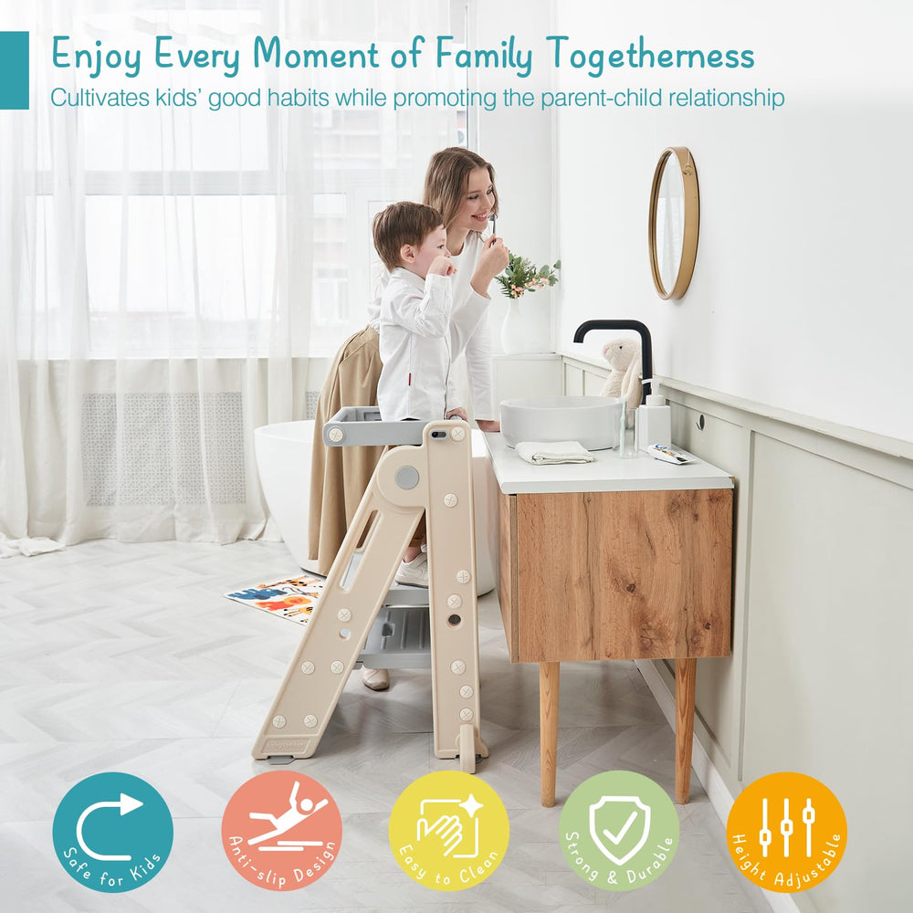 Forbena collapsible Montessori standing tower promotes independent tasks at sink.