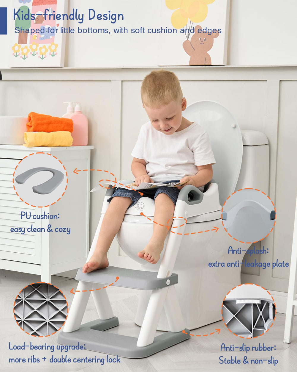 Forbena potty seat with splash guard; waterproof and easy to wipe clean.