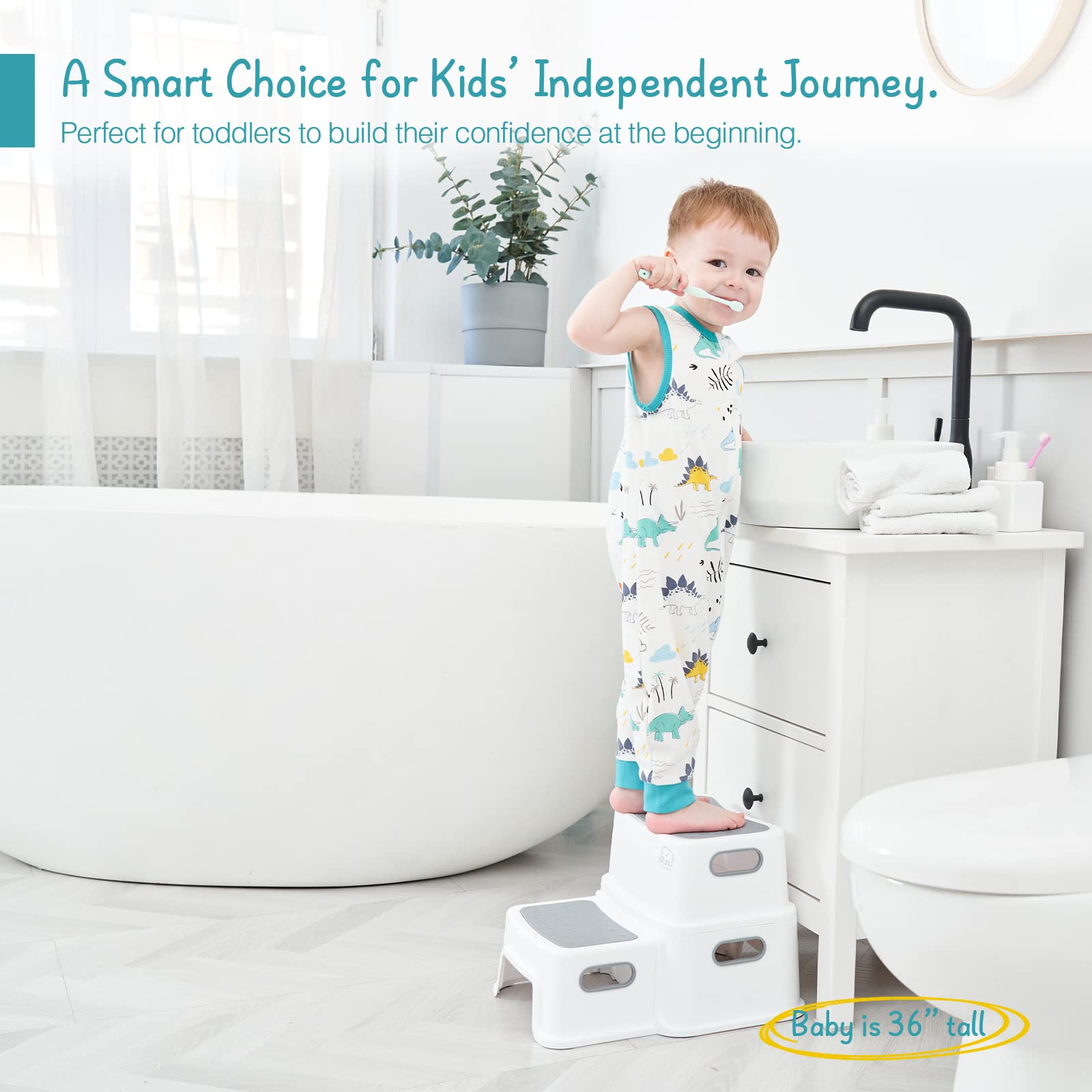 Forbena two-step stool supports potty training and bathroom tasks safely.