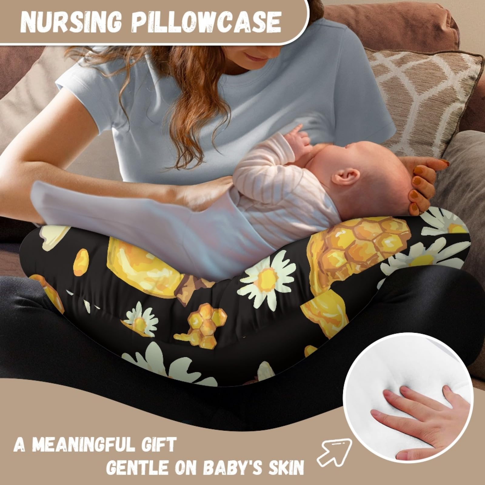 Forchrinse Bee Daisy nursing pillow cover fabric closeup shows soft, washable material.