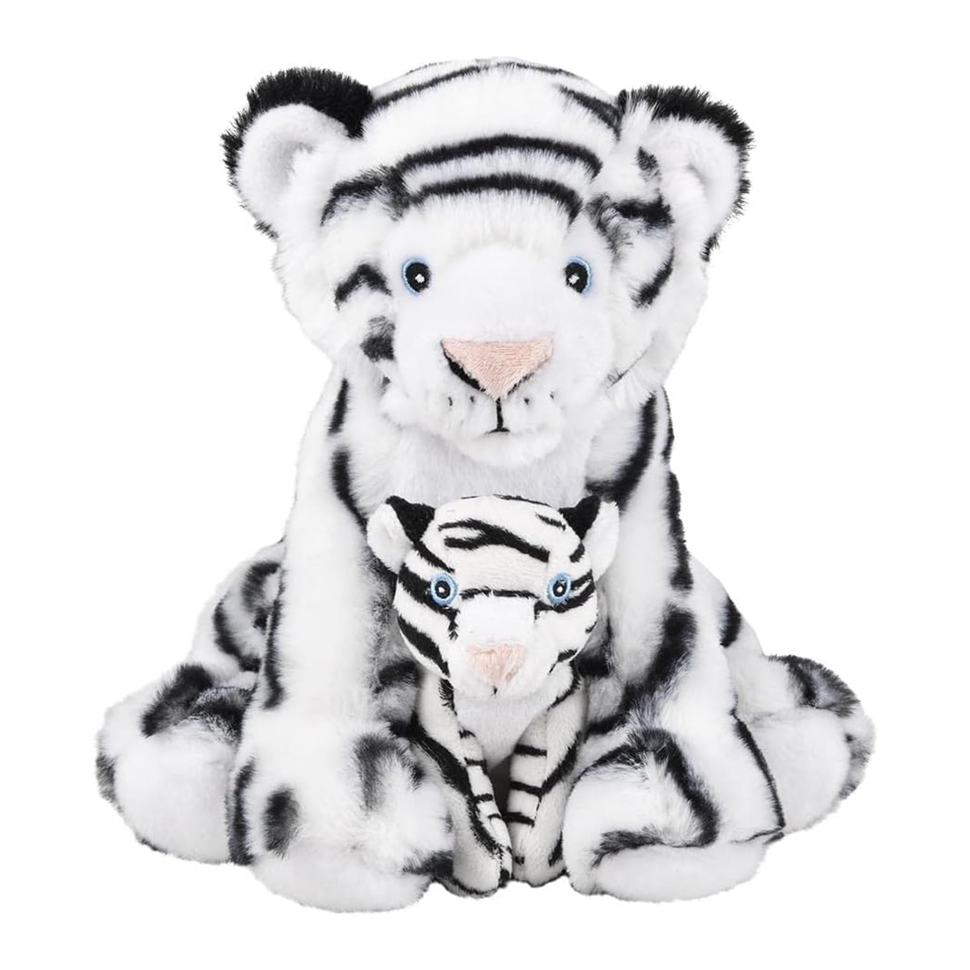 Forest & Twelfth white tiger mom-baby plush close-up for comforting cuddle time.