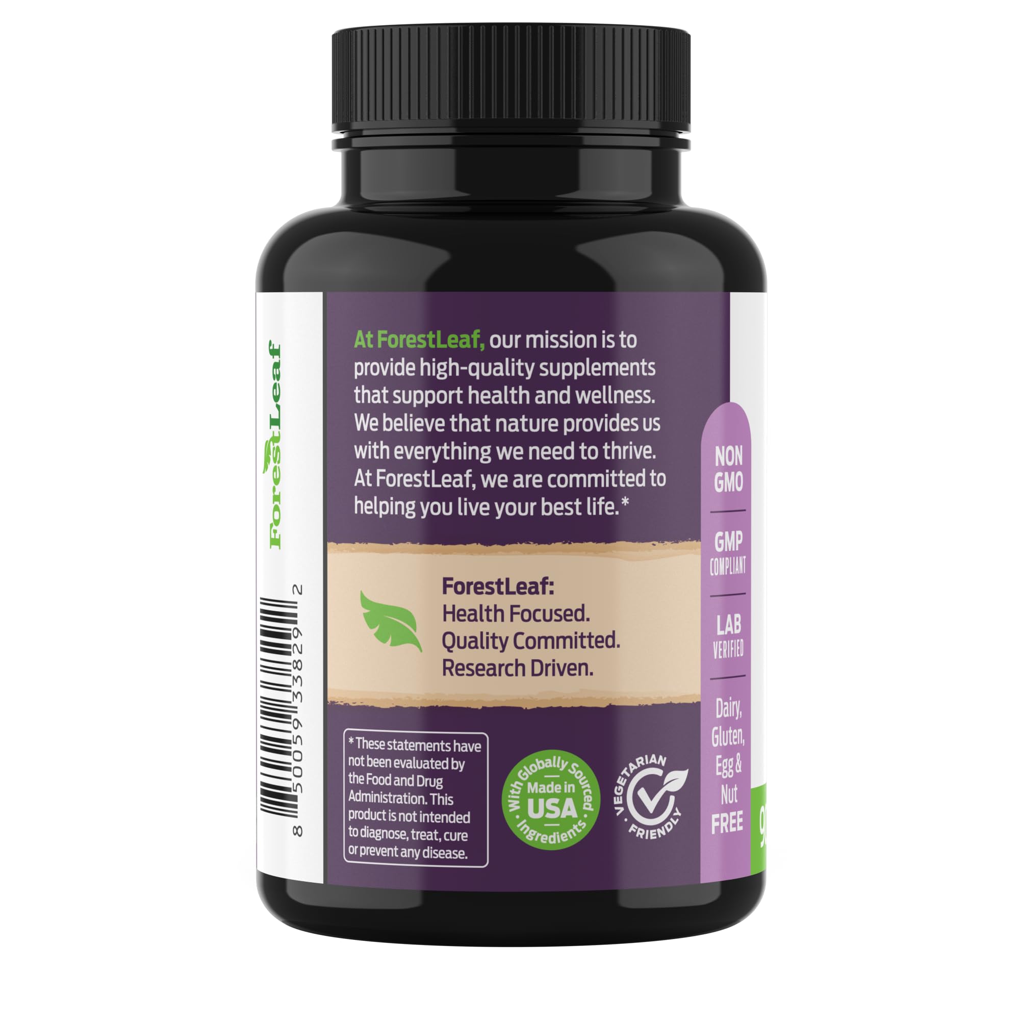 ForestLeaf vegan non-GMO formula avoids common allergens.