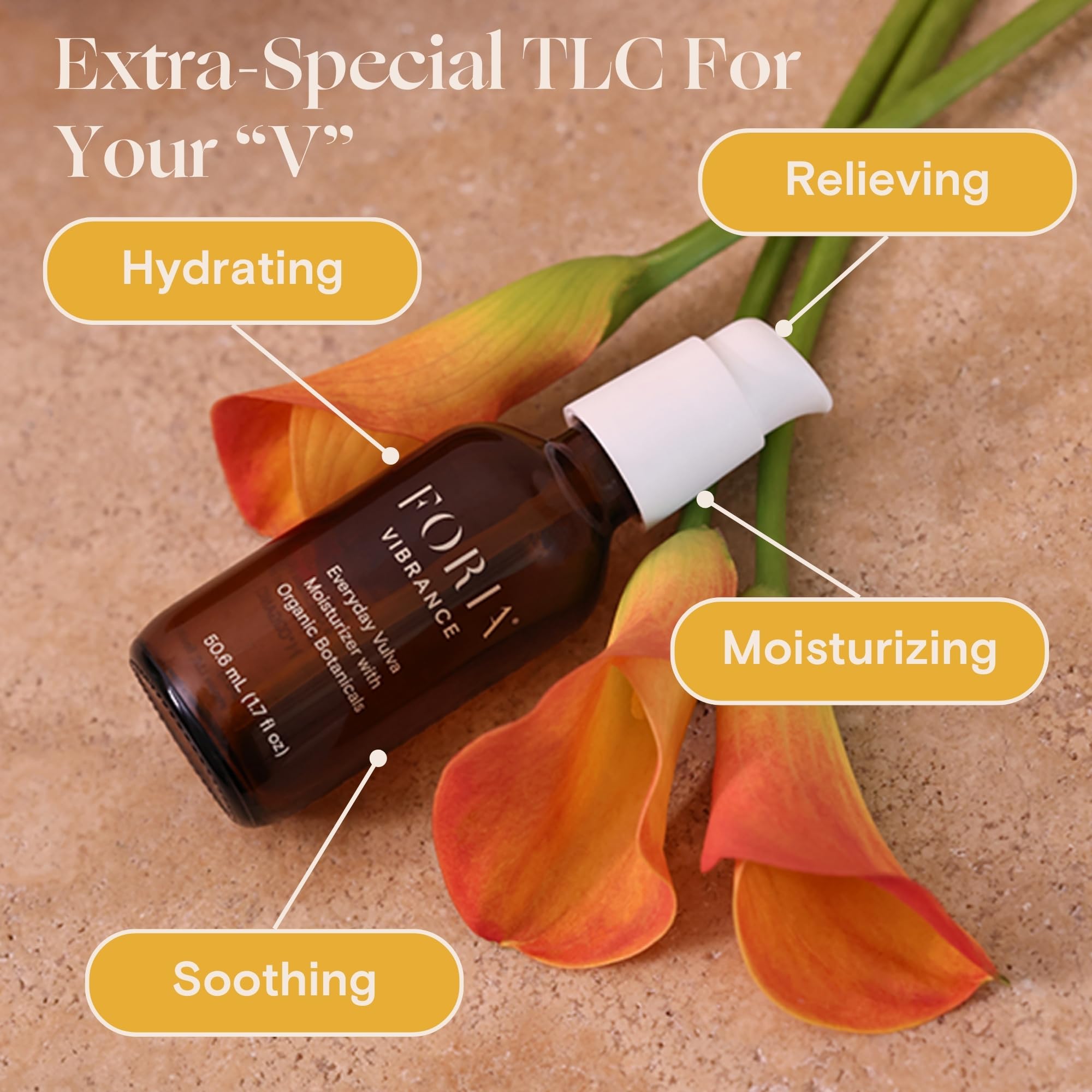 FORIA Everyday Vulva Moisturizer pump closeup for easy, mess-free application.