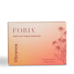 FORIA Vibrance Melts packaging shown, fragrance-free feminine care option for discreet daily use.