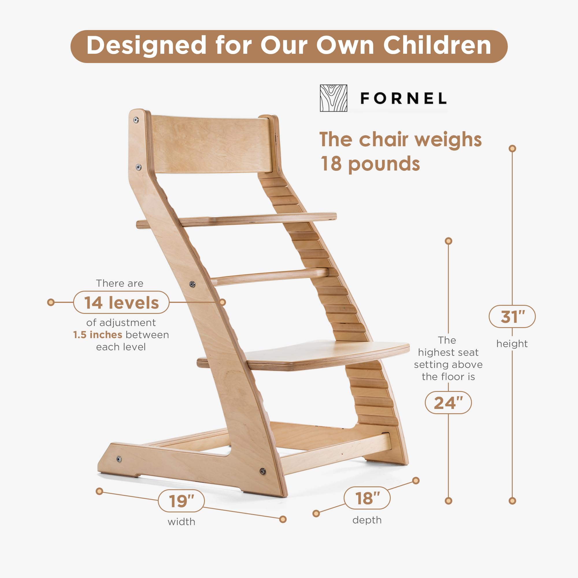 Fornel high chair with adjustable seat and footrest for growth.