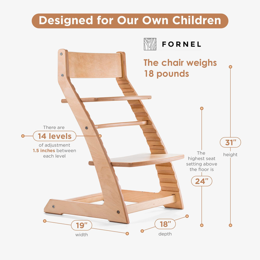 Fornel high chair with adjustable seat and footrest for growth.