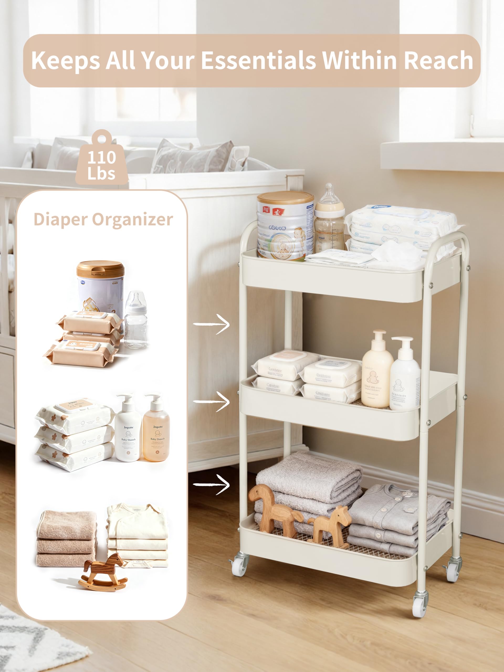 Fortella diaper cart with 360-degree wheels for easy nursery maneuvering.
