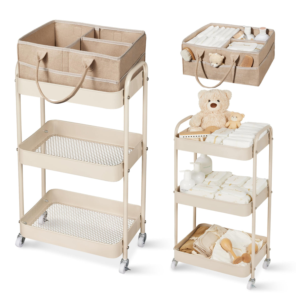 Fortella baby diaper caddy 3-tier cart showcasing organized storage for diapers and wipes.