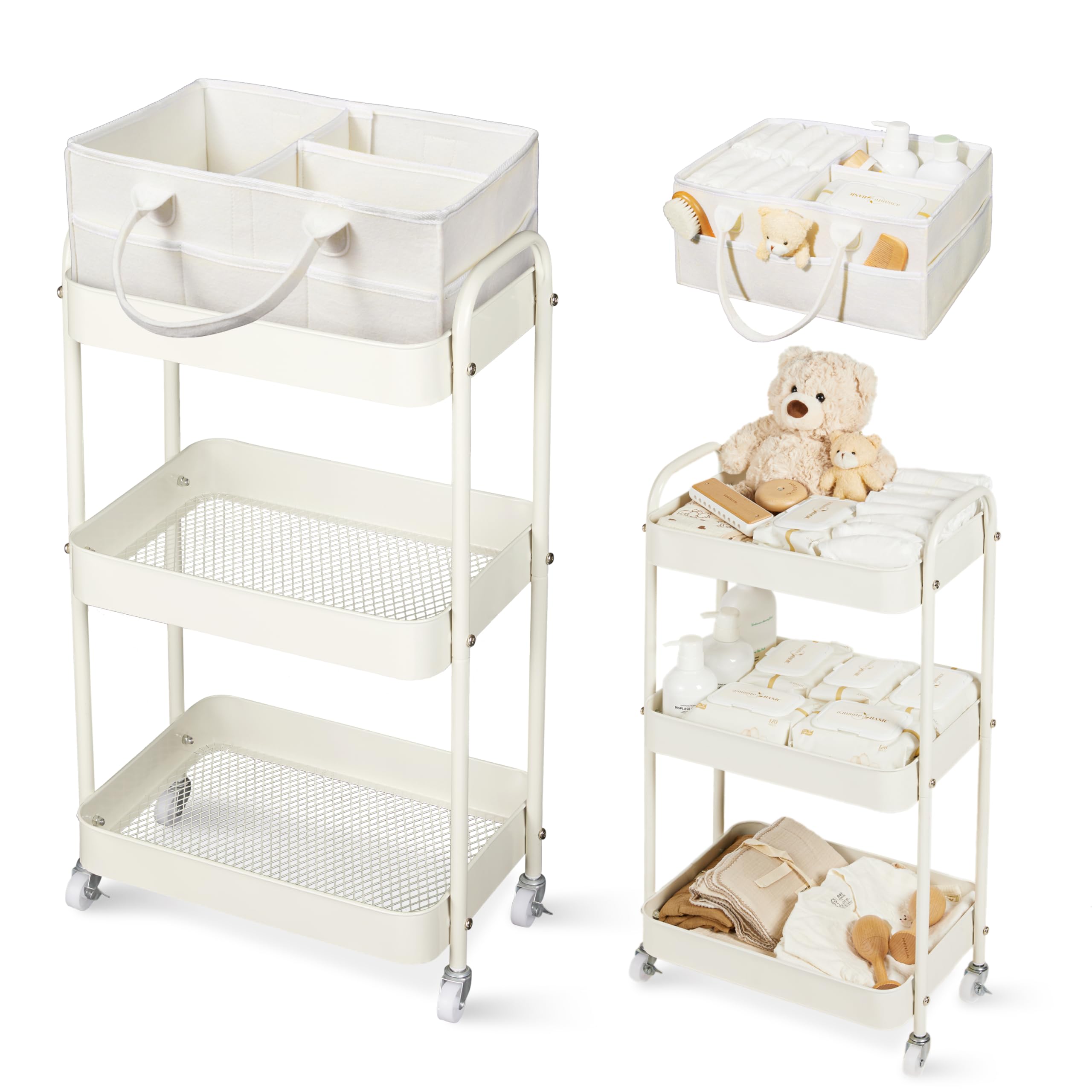 Fortella baby diaper caddy three-tier cart with mesh design for tidy nursery storage.