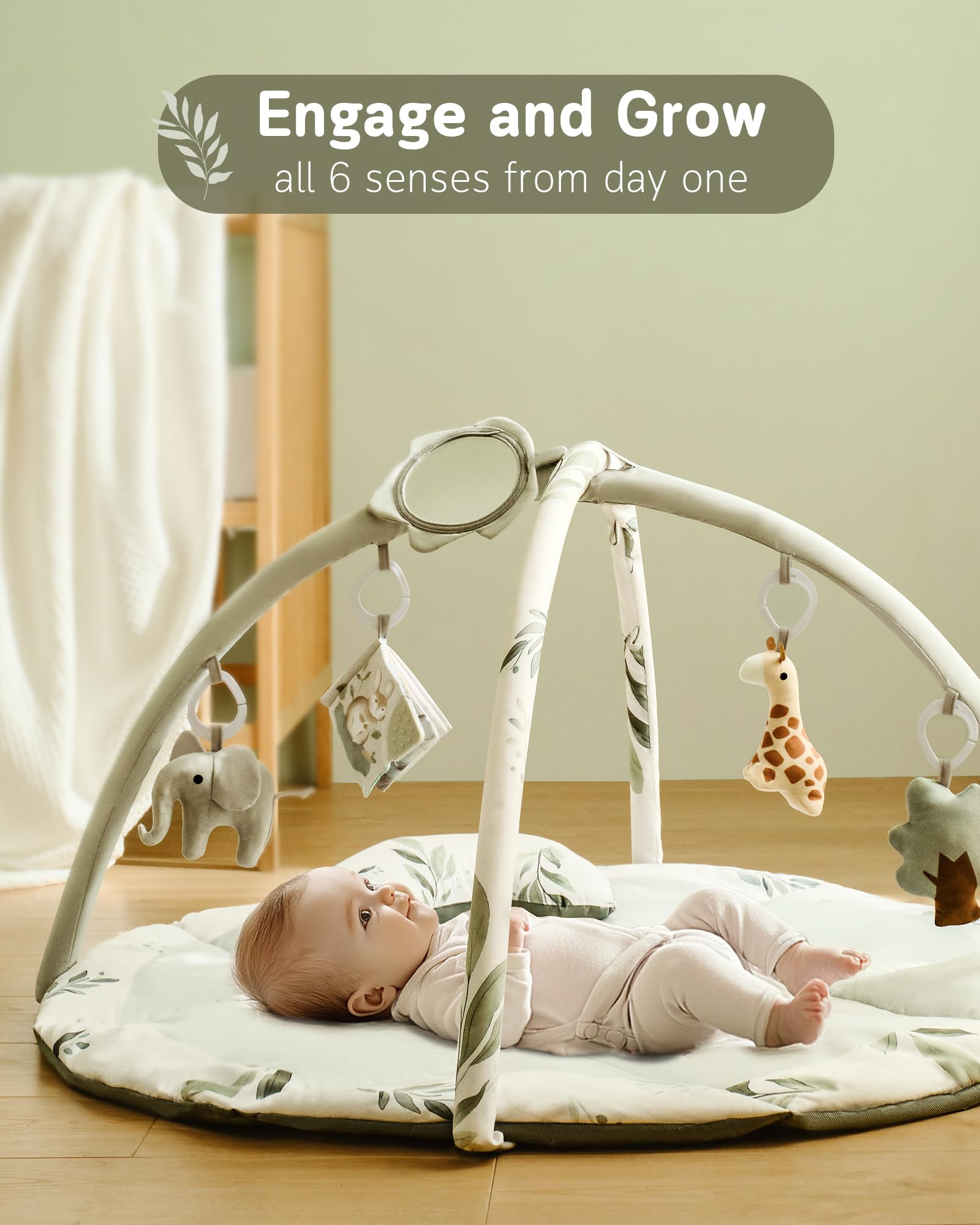 Fortella Baby Play Gym giraffe toy rattle encourages auditory tracking during floor play