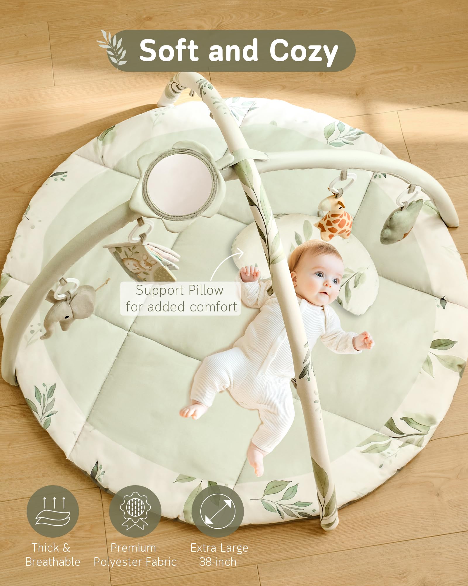Fortella Baby Play Gym leaf mirror helps self-awareness during tummy time and seating play