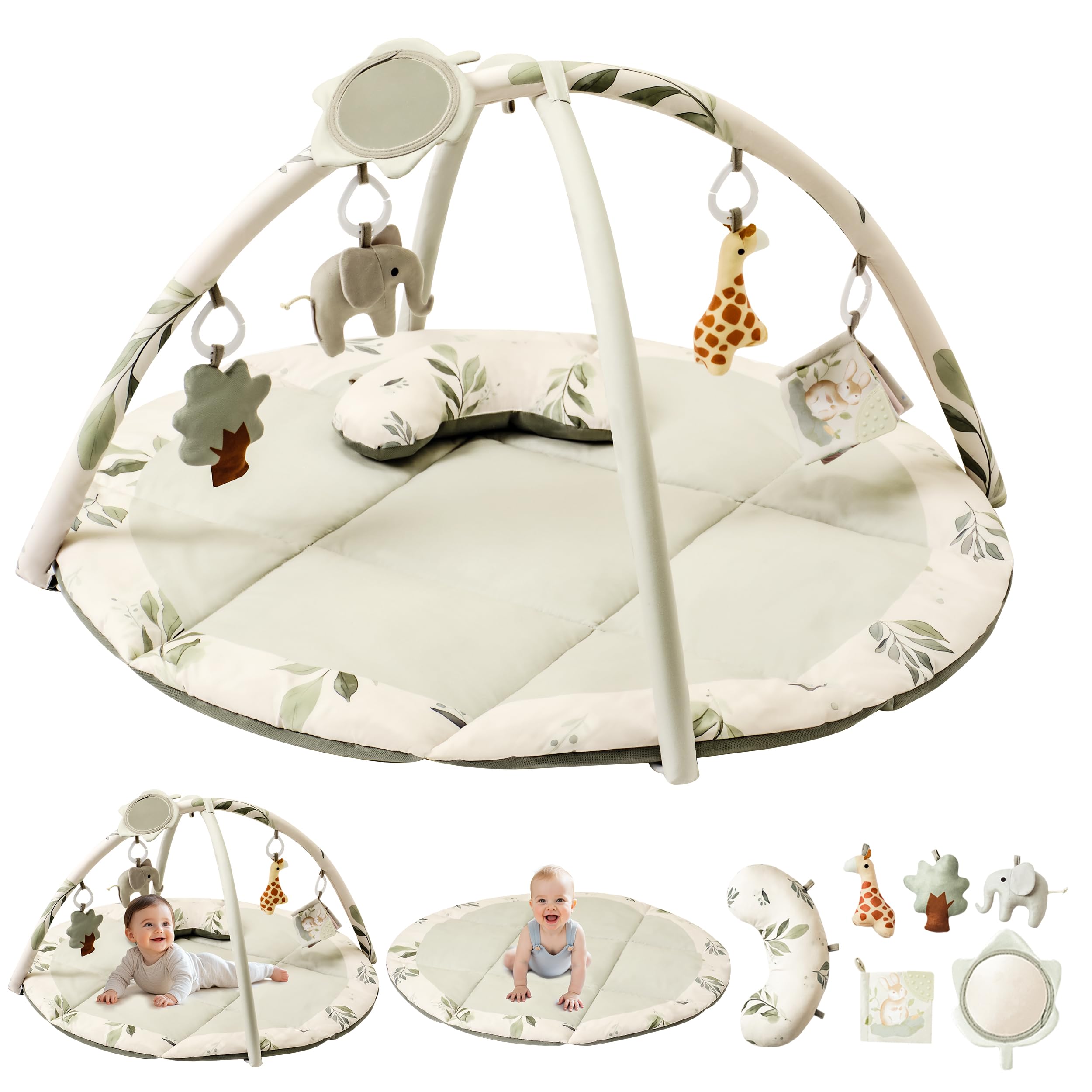Fortella Baby Play Gym in sage green shows a safe, cushioned mat ideal for tummy time play