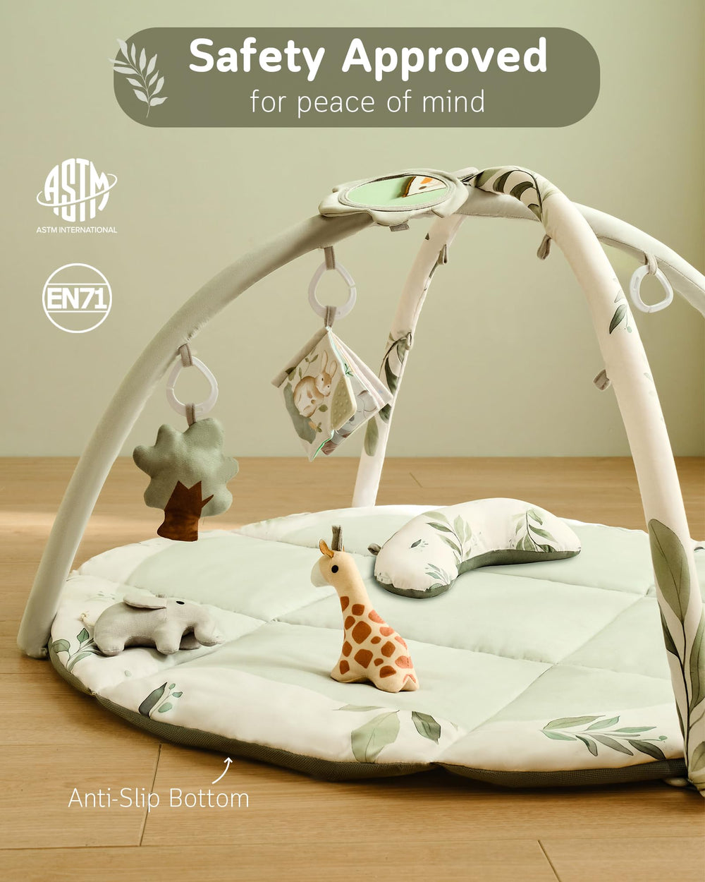 Fortella Baby Play Gym soft-mat surface offers a wipeable, machine-washable base for easy cleanup