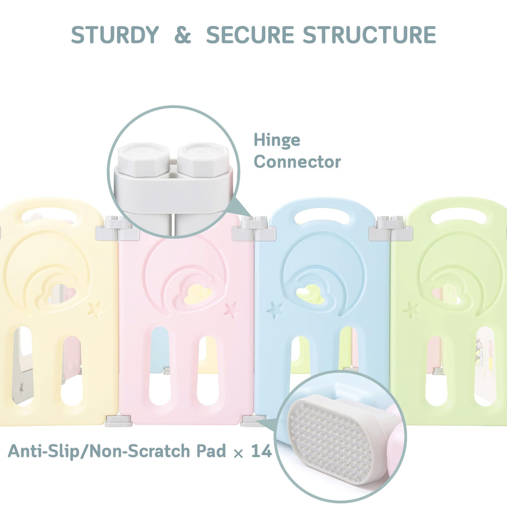 Fortella Cloud Castle Playpen activity wall featuring five sensory toys for exploration.