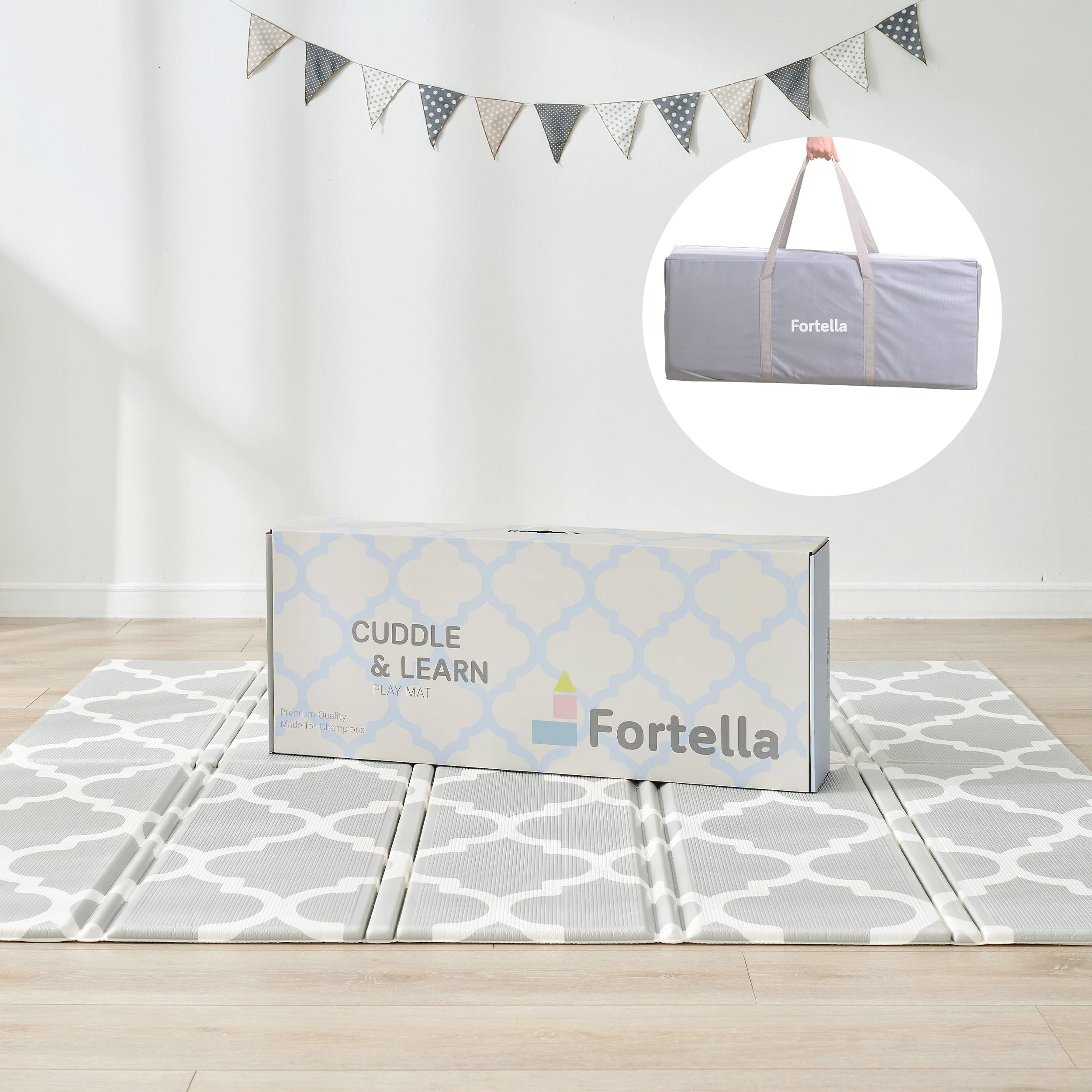 Two-sided design offers alphabet learning and Moroccan decor options.