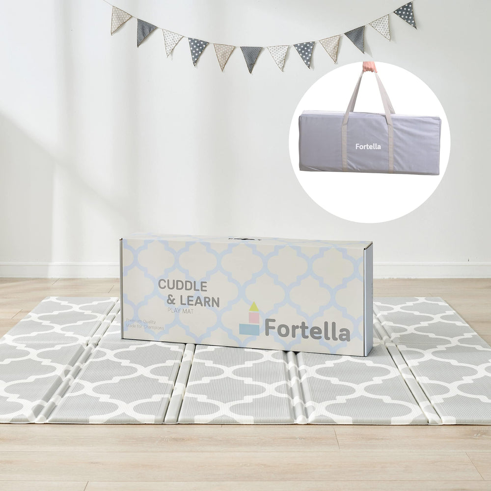 Two-sided design offers alphabet learning and Moroccan decor options.