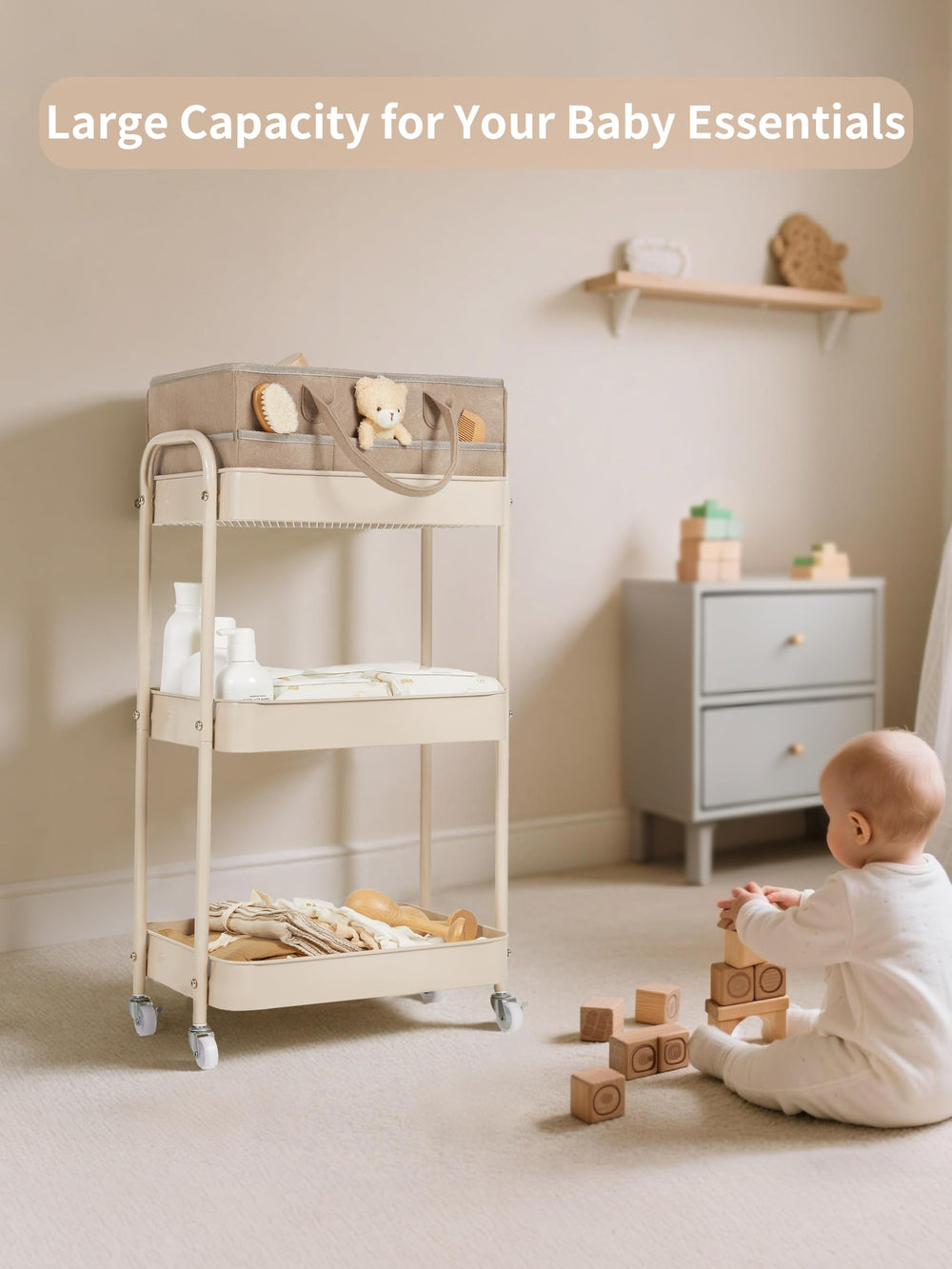 Fortella diaper caddy with detachable dividers for customizable compartments.