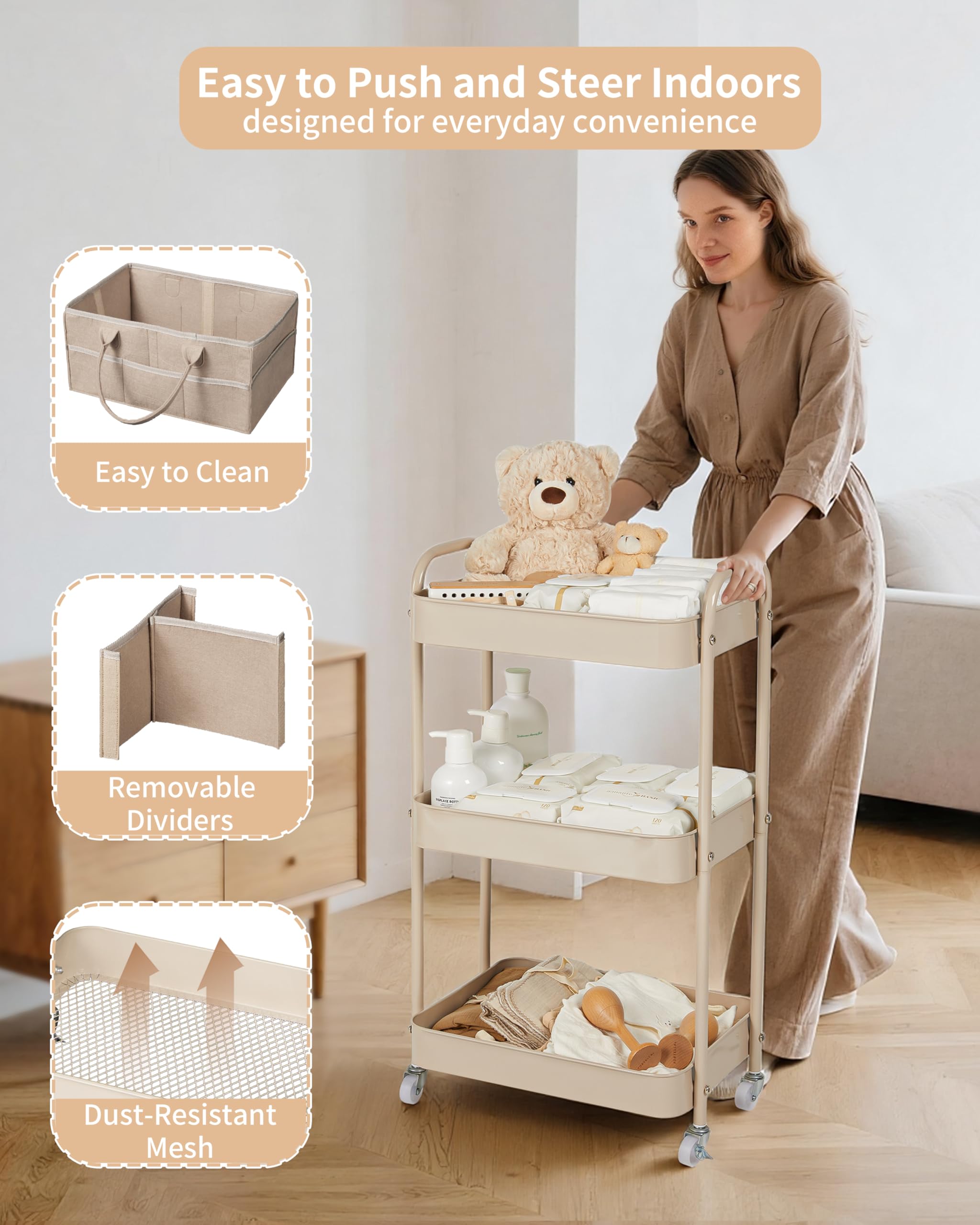 Fortella multi-functional bag shown with diaper caddy setup.