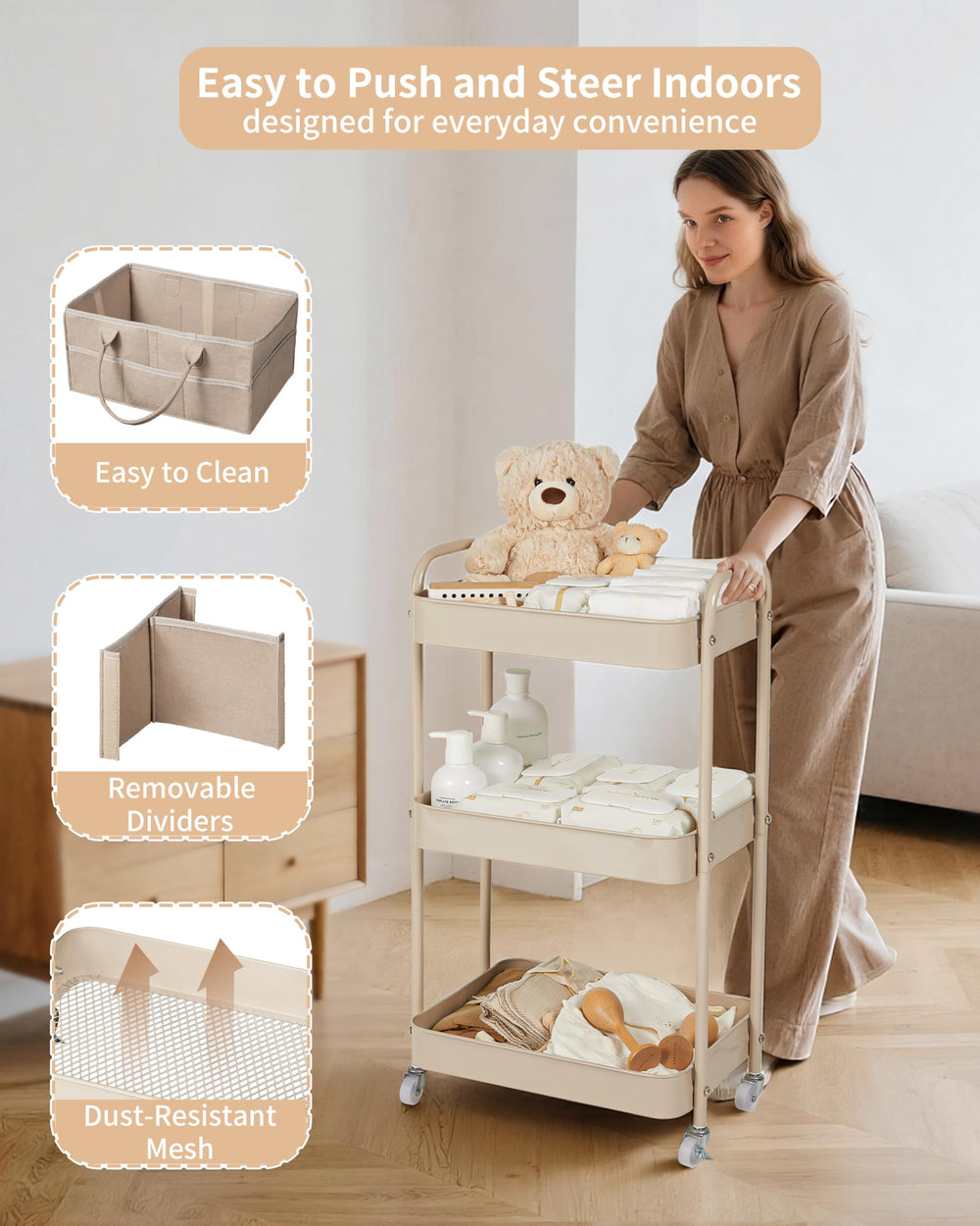 Fortella multi-functional bag shown with diaper caddy setup.