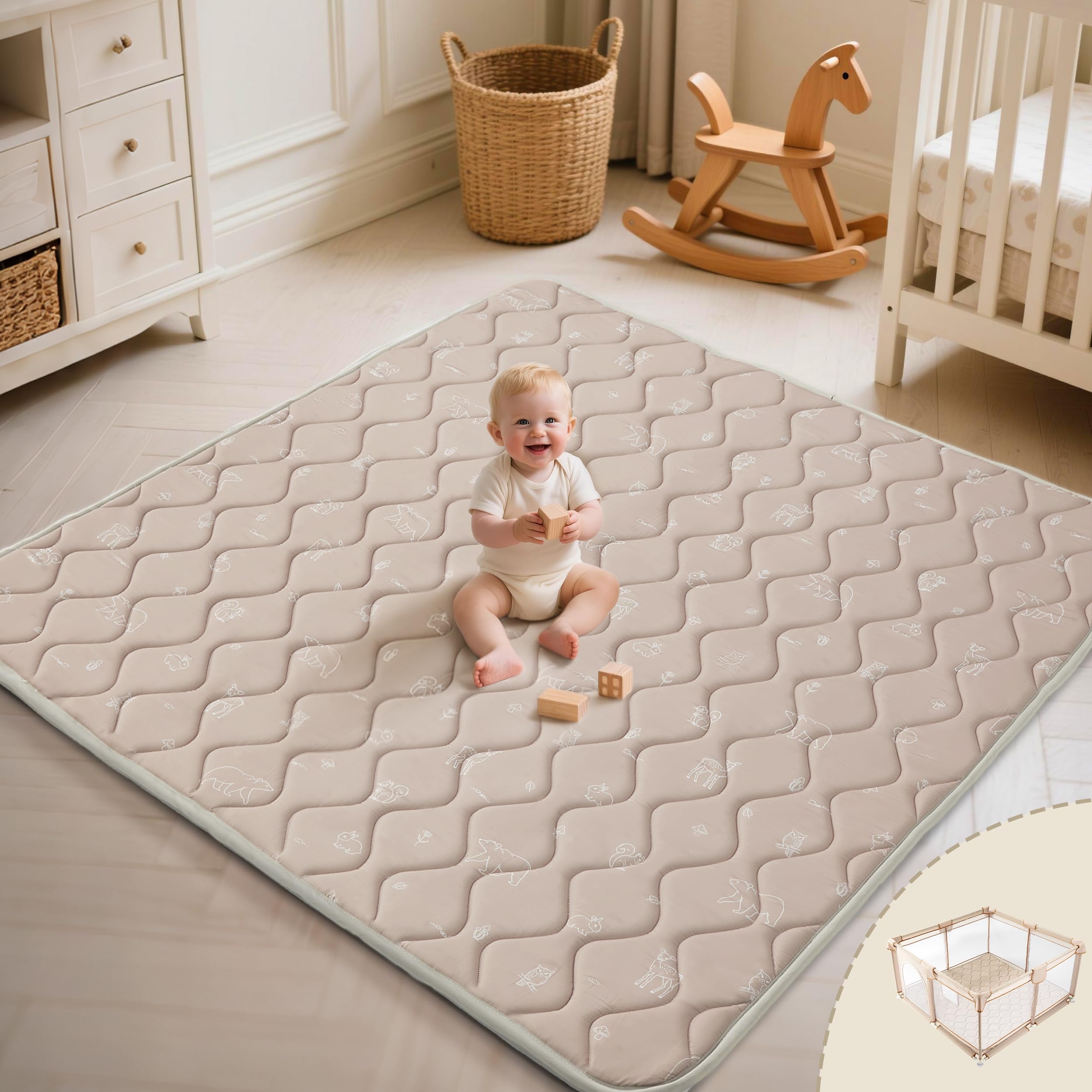 Fortella play mat forest-taupe folded for compact storage and portability.