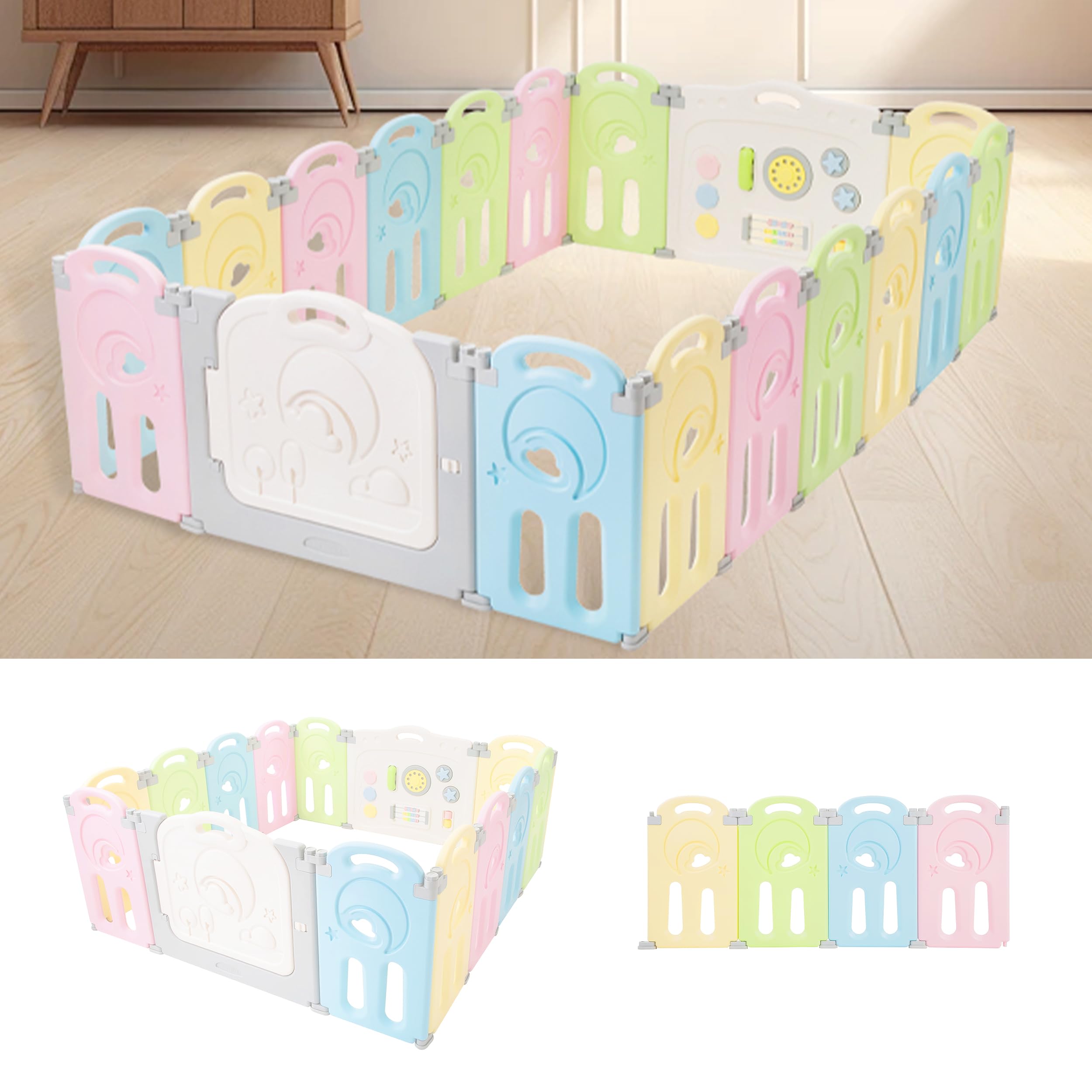 Fortella playpen with whiteboard and activity wall for interactive play.