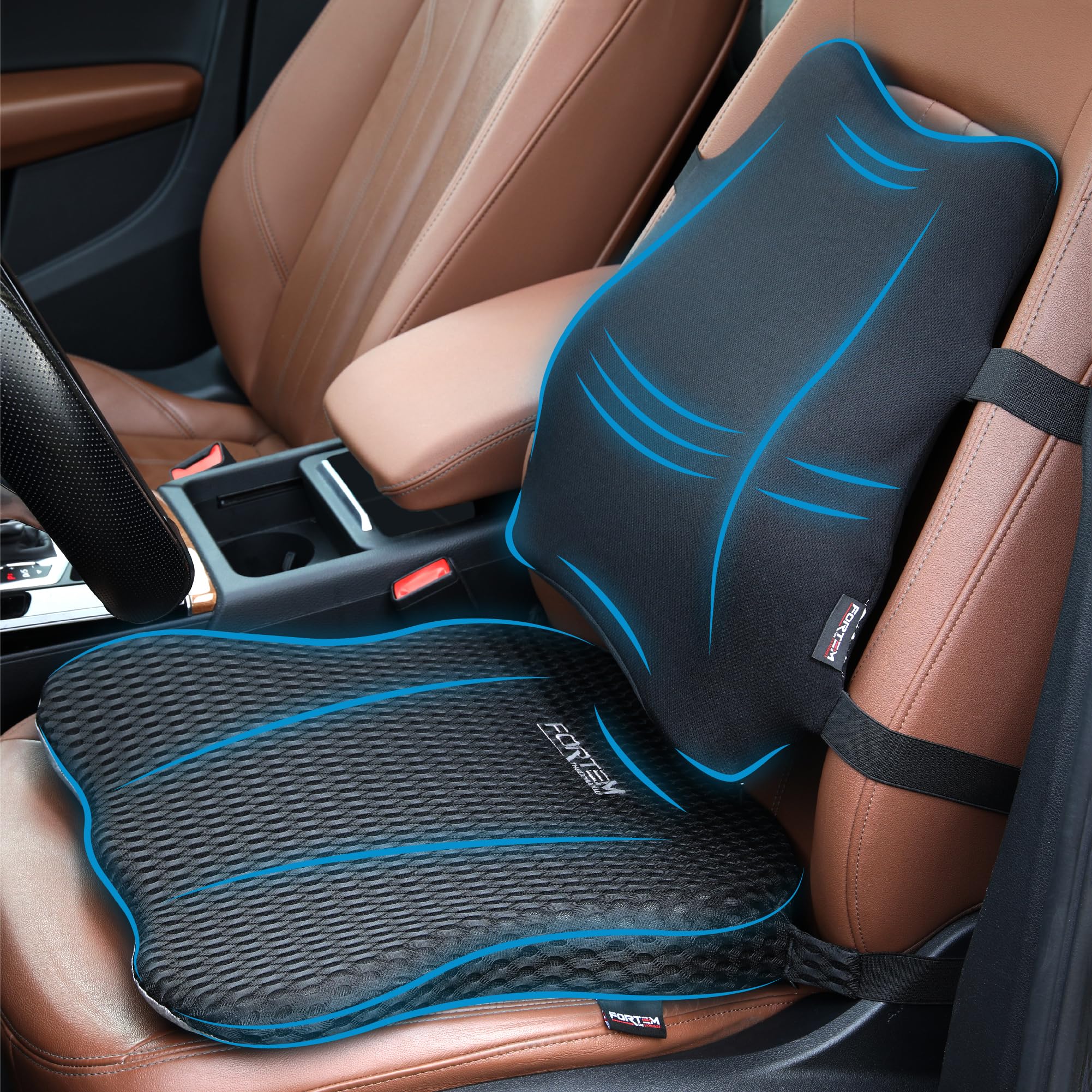 FORTEM car seat cushion front view showing ergonomic support for long drives
