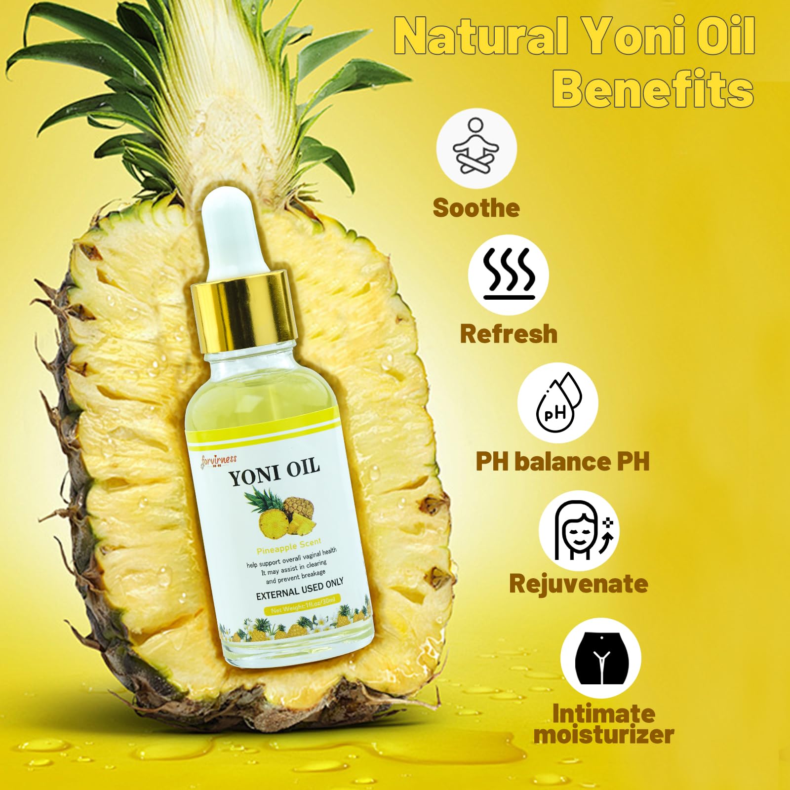 Forvirness feminine wash bottle close-up emphasizing pineapple scent and care
