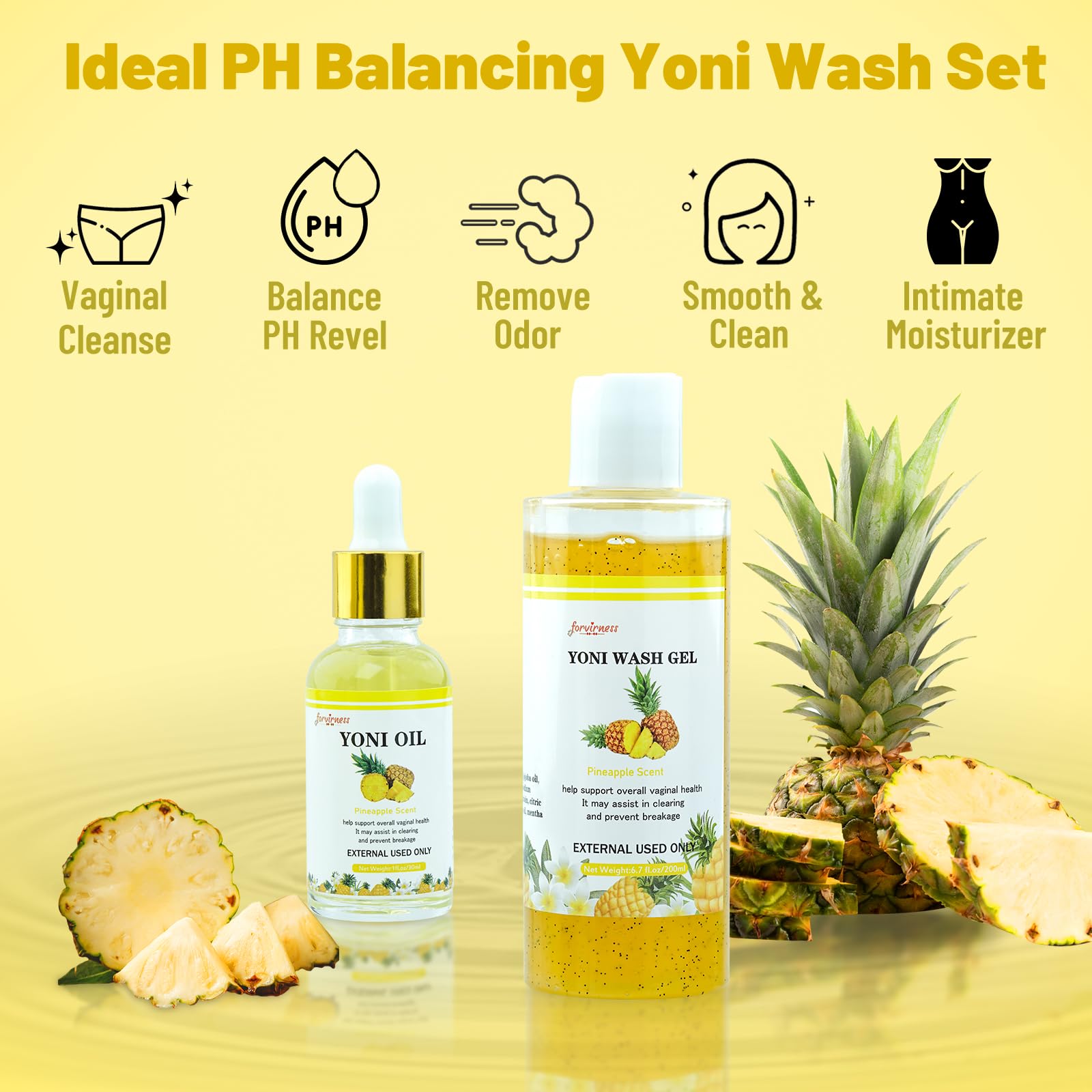 Forvirness pineapple yoni oil bottle shown for moisturization and odor control during daily routine