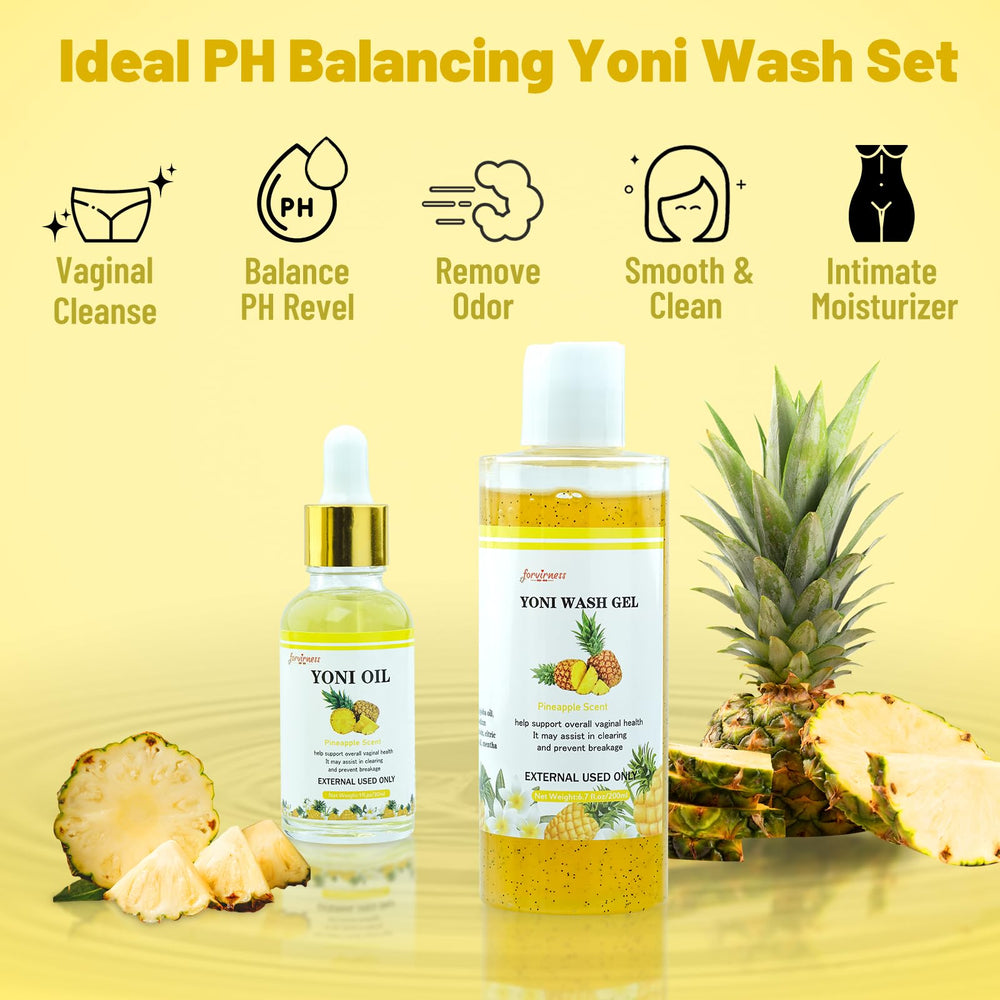 Forvirness pineapple yoni oil bottle shown for moisturization and odor control during daily routine