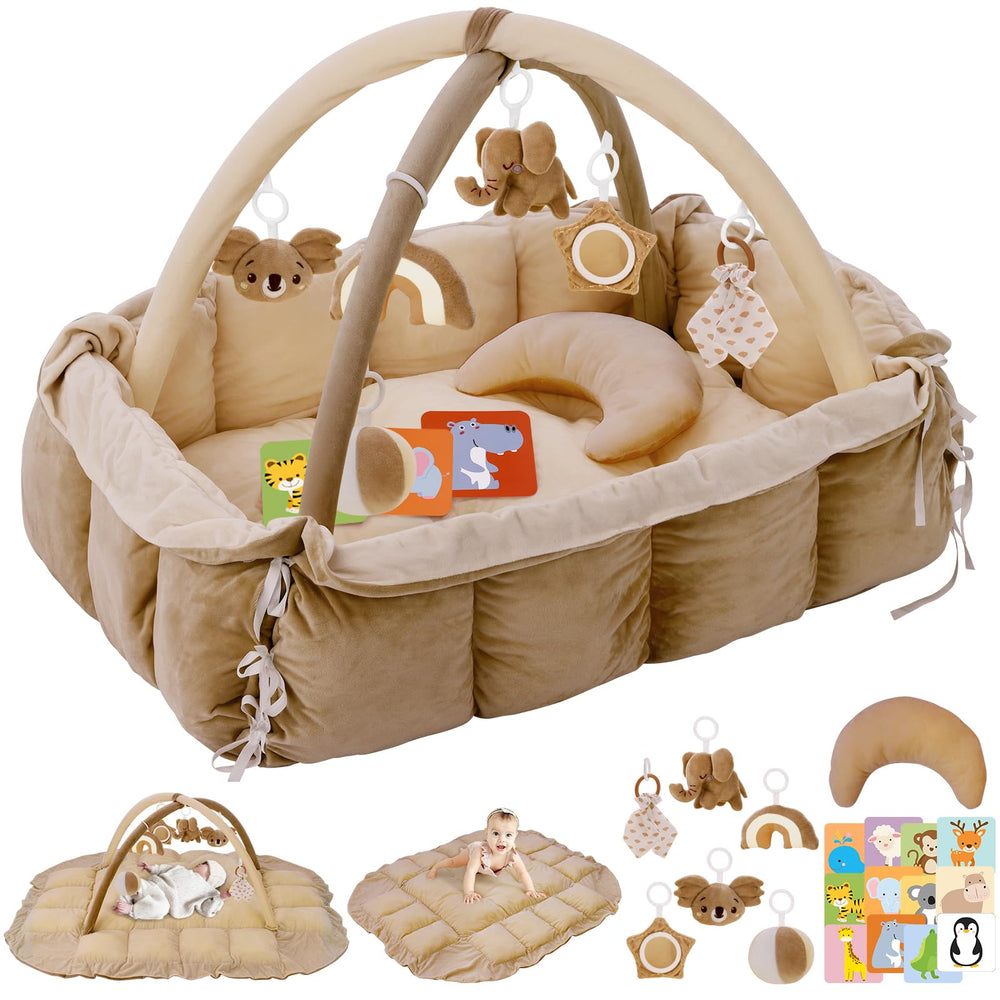 Foryoomi 5-in-1 plush baby play gym in brown provides a cozy growing play space