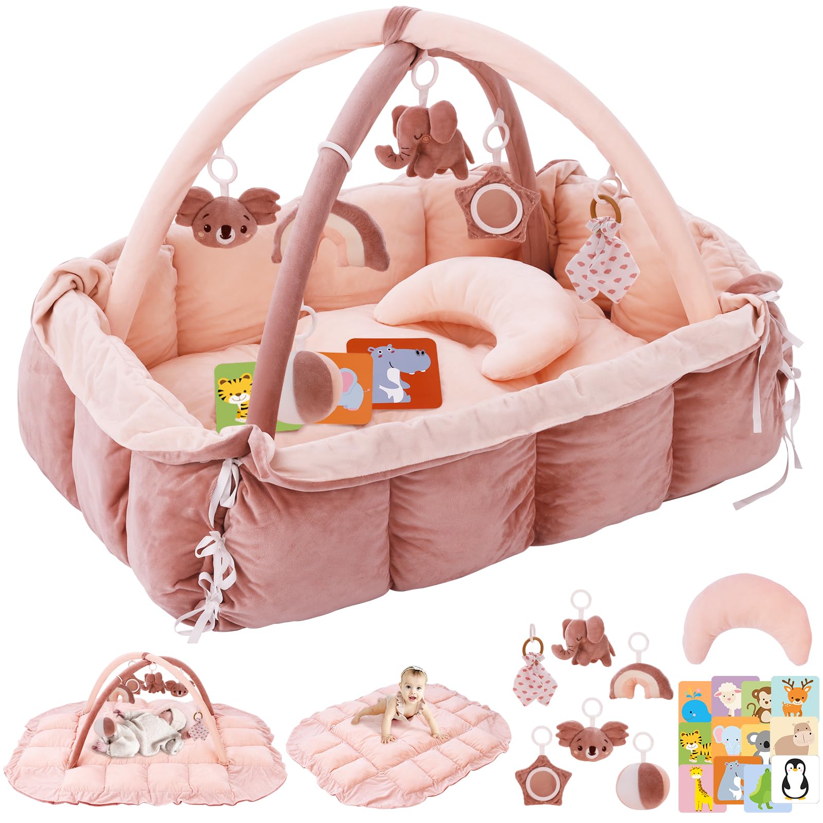 Foryoomi 5-in-1 plush baby play gym in pink for versatile play