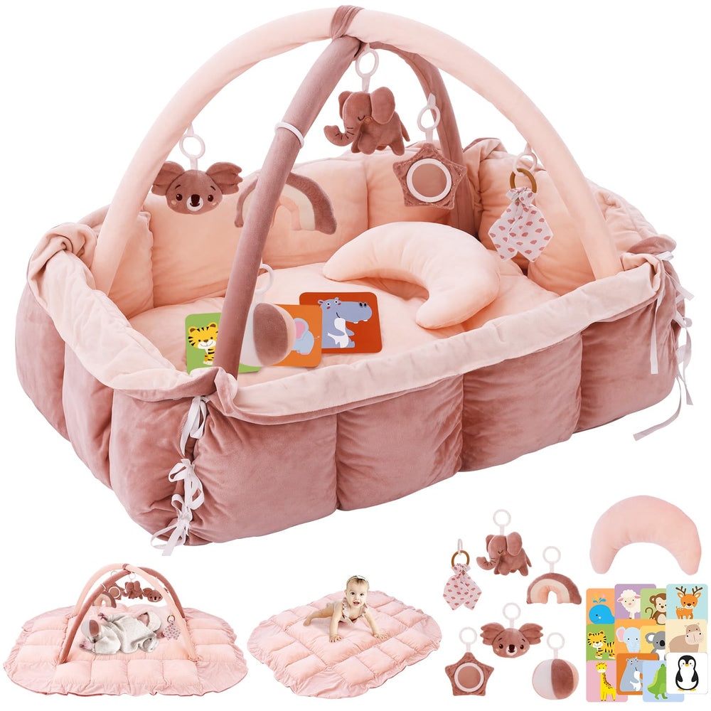 Foryoomi 5-in-1 plush baby play gym in pink for versatile play