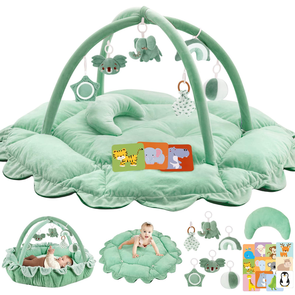 Foryoomi 5-in-1 plush baby play gym in sage green, cozy and engaging