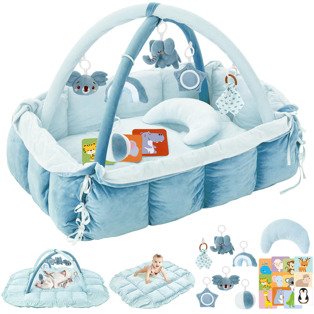 Foryoomi 5-in-1 plush play gym blue for safe exploration during playtime.