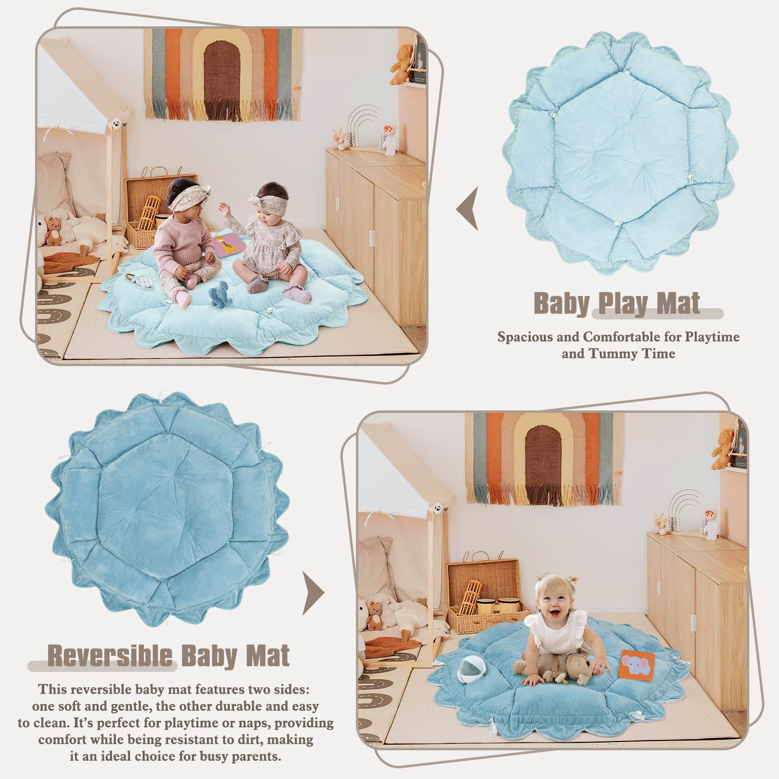 Foryoomi roomy soft cotton mat provides a cozy surface for crawling and play.
